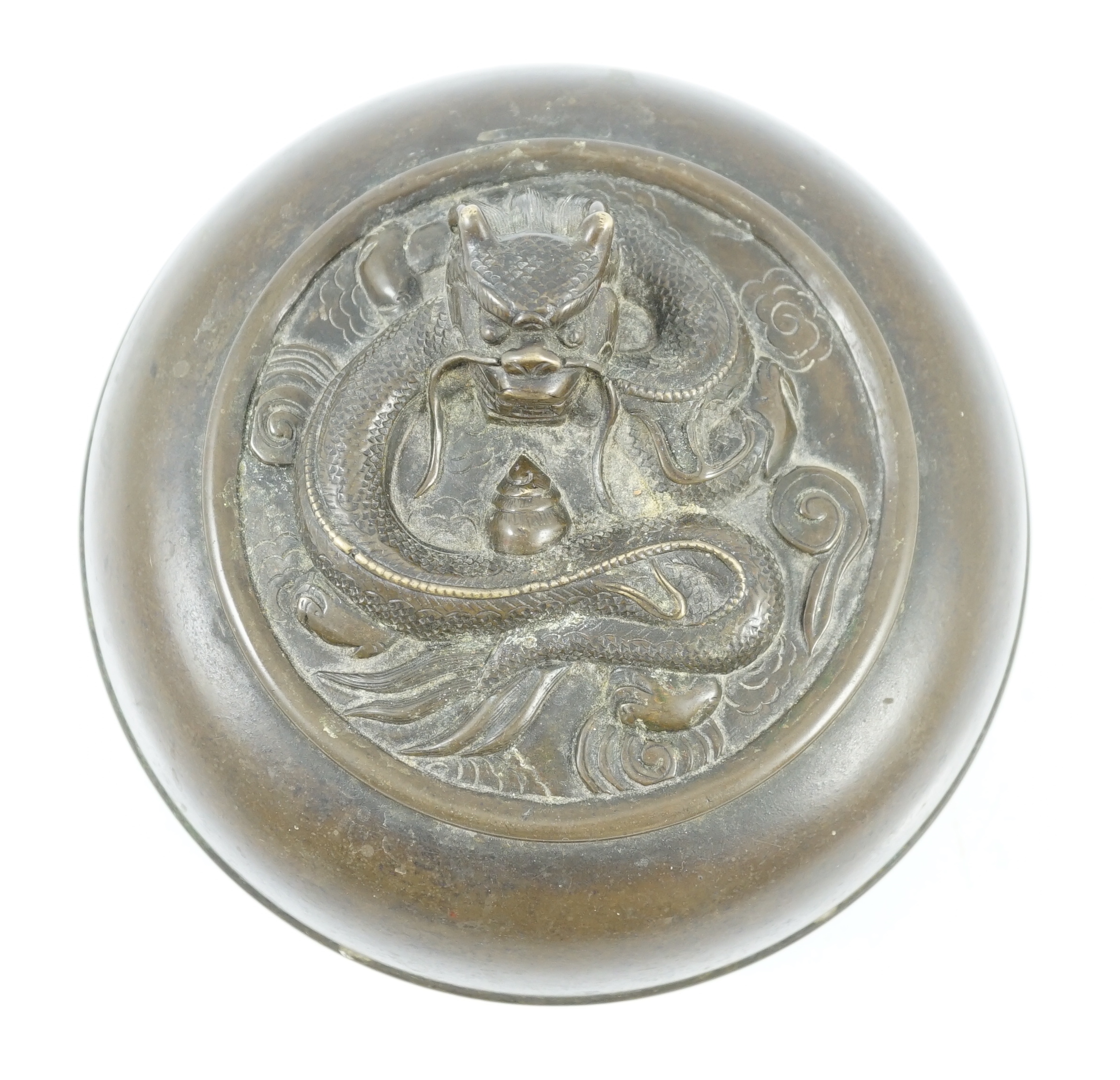 A Chinese bronze 'dragon' circular incense box and cover, Xuande seal mark, 18th/19th century